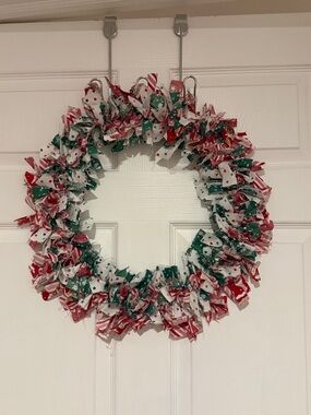 Homemade!! Tied Festive Red, Green & White Holiday Rag Wreath